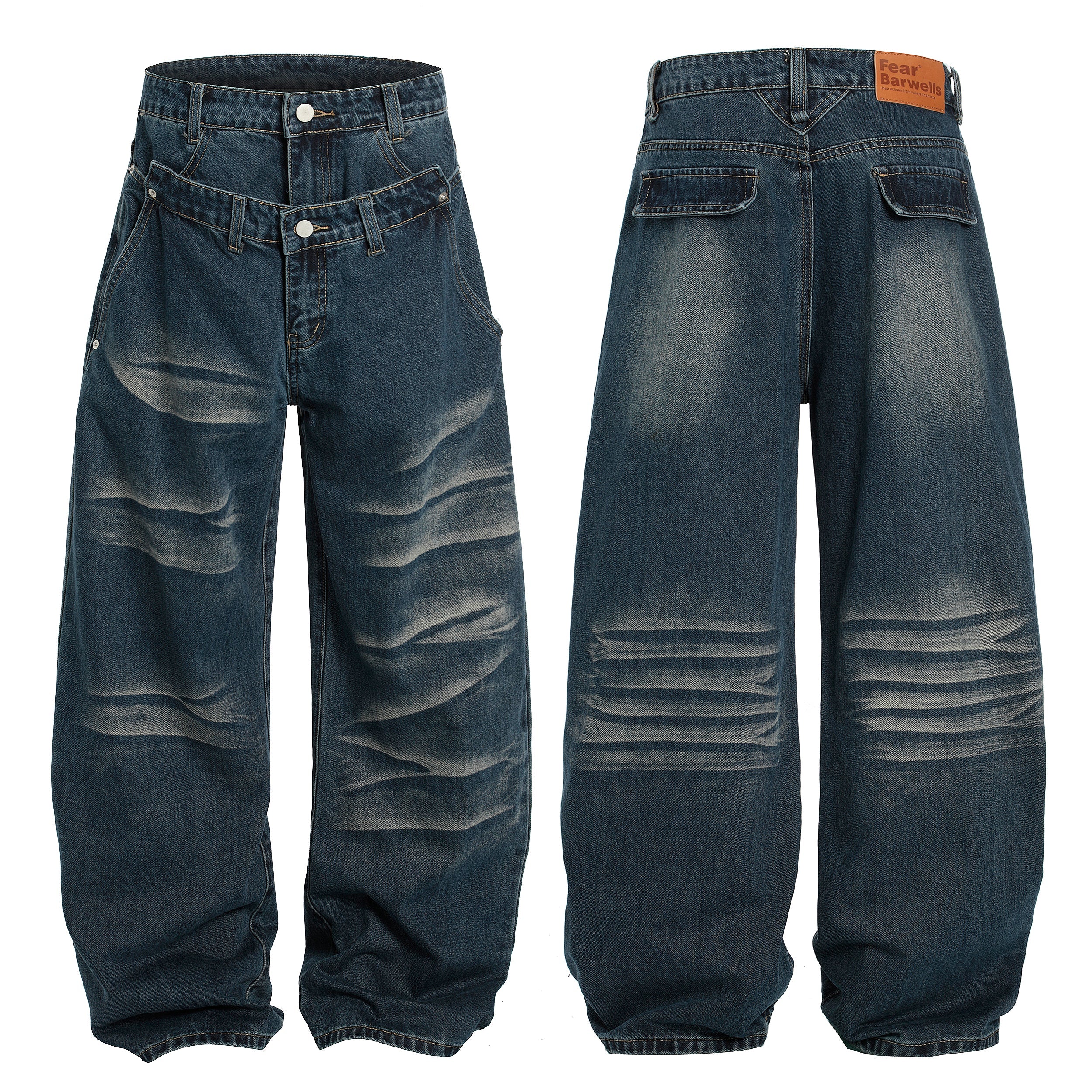 Front and back view of oversized vintage whisker wide-leg jeans in indigo with heavy fade patterns and double-button waistban