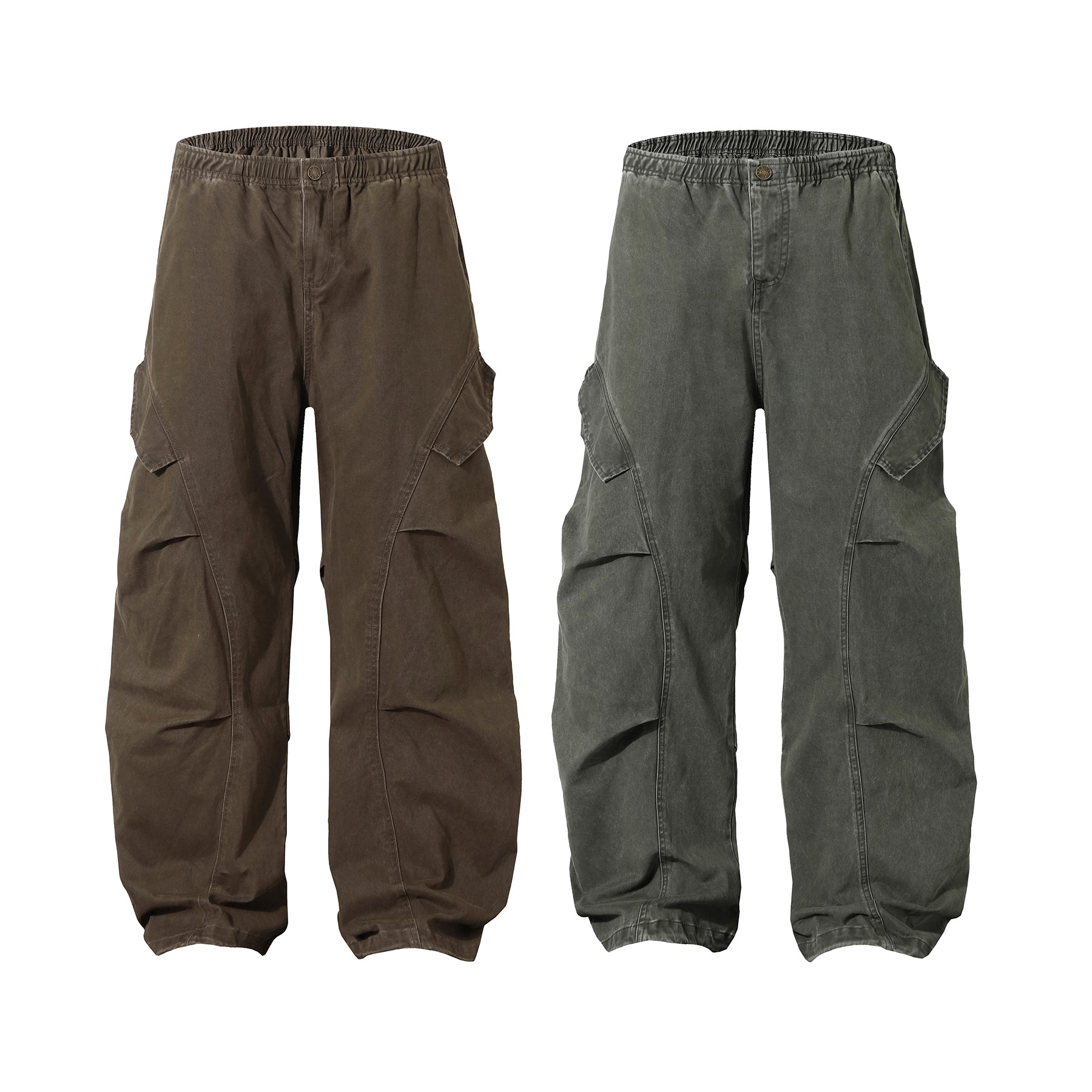 Omirad baggy cargo pants in washed brown and olive grey with curved cargo pockets and elastic waistband, front view