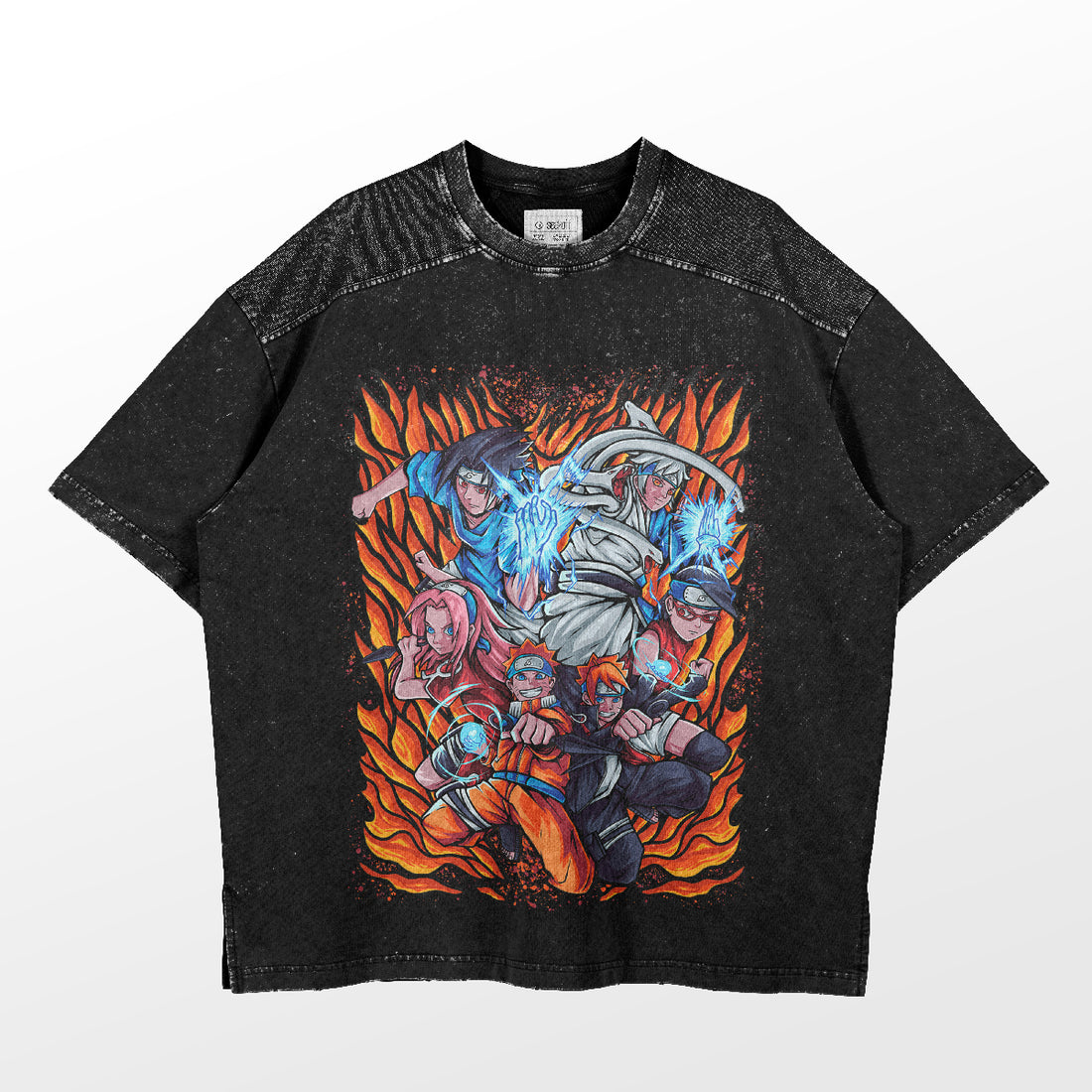 The black Naruto Team 7 and Friends T-Shirt from the Ultimate Ninja Alliance Design features six animated characters in dynamic poses surrounded by stylized flames, a textured pattern on the shoulders and upper chest, making it perfect premium anime apparel for fans.