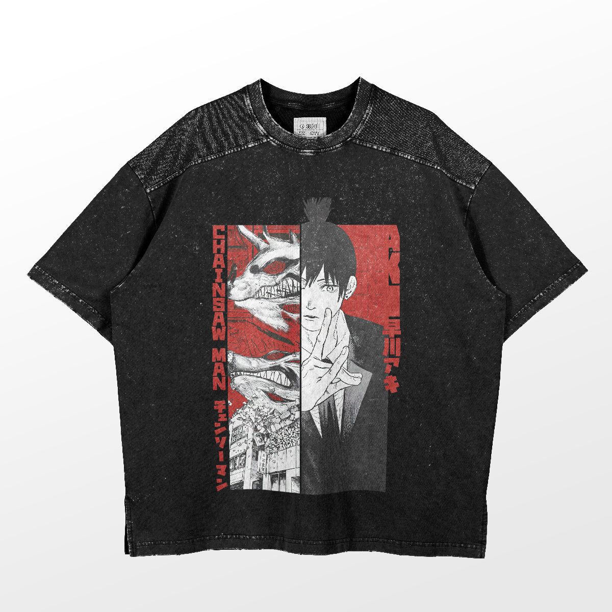 The Chainsaw Man Aki Split Design T-Shirt features a unique graphic of a character in a suit, half his face as a chainsaw, on a red background with Japanese text. From the Chainsaw Man Shirt Collection, it’s an oversized black 100% cotton anime tee.