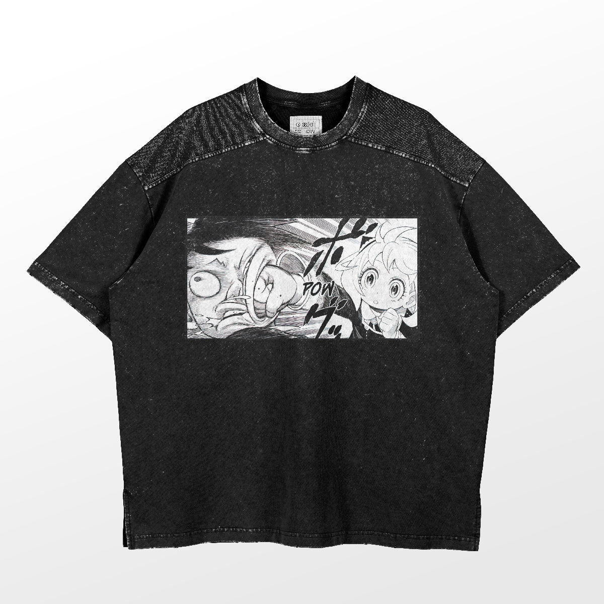 The Spy × Family Anya Forger T-Shirt features a black, faded texture with a manga panel design of an action scene and &quot;Pow!&quot; text, perfect for anime fans.