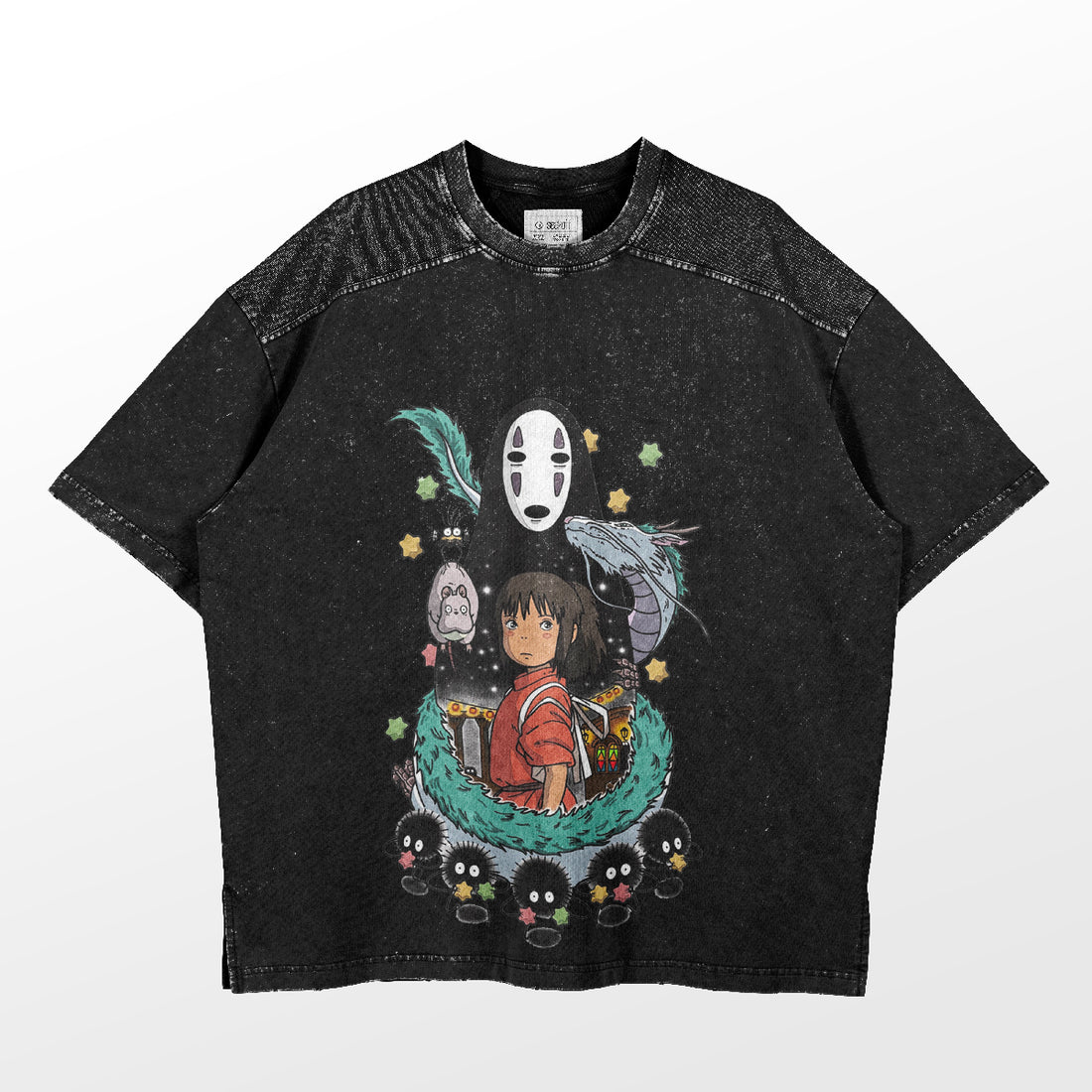 The black Spirited Away No-Face and Chihiro Graphic T-Shirt features vibrant anime apparel inspired by the Studio Ghibli film, showcasing Chihiro in a red outfit surrounded by whimsical characters against a plain background.