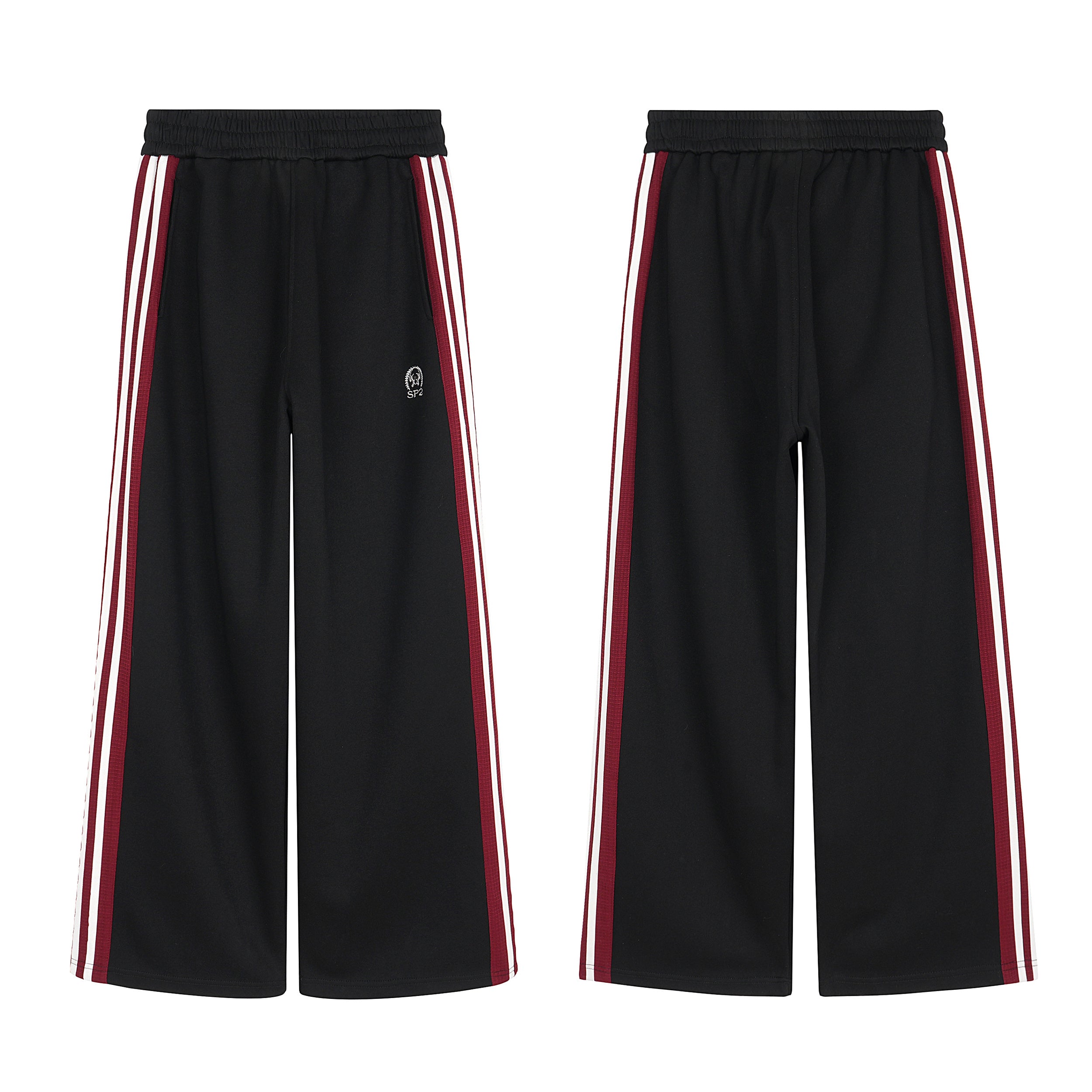 Black wide-leg track pants with red and white contrast side stripes and small logo embroidery, shown front and back