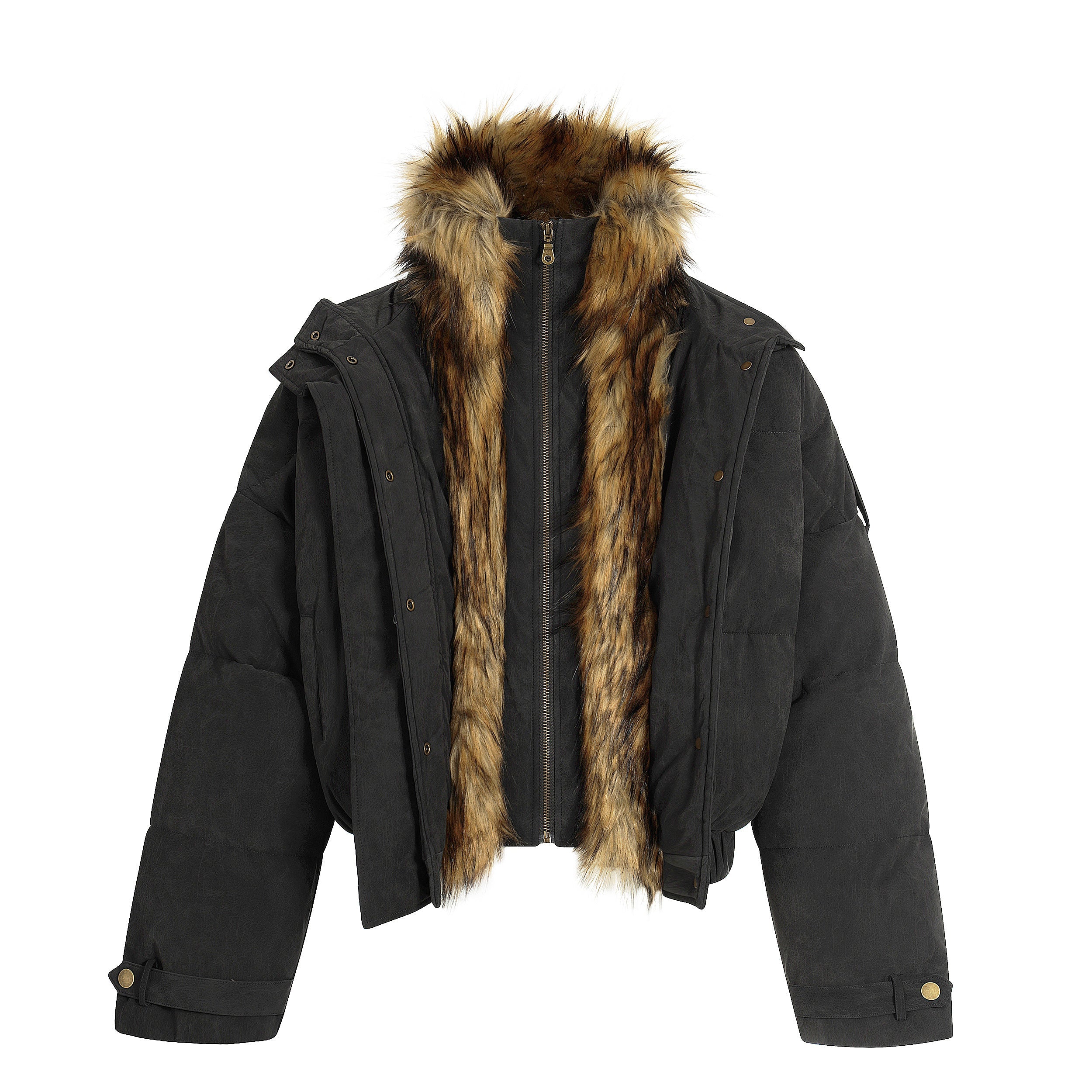 Detachable Faux Fur Collar PU Puffer Jacket | Cropped