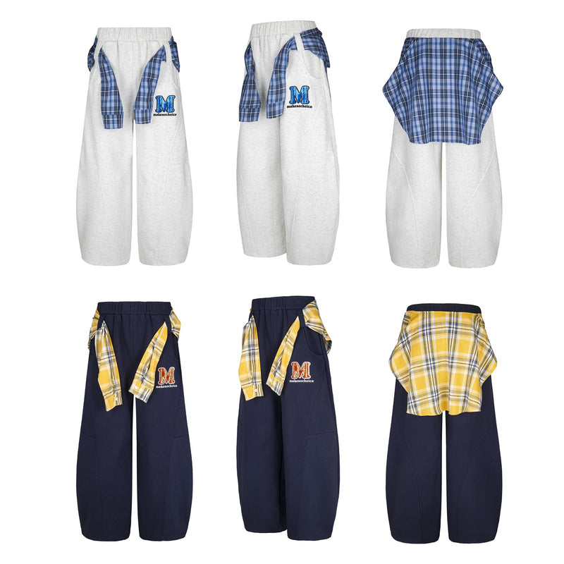 Plaid-Tied Wide-Leg Sweatpants with Chenille Patch | Makenochoice
