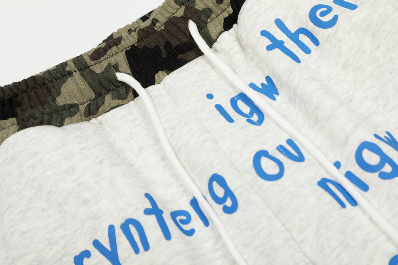 Camo Waist All-Over Text Graphic Wide-Leg Sweatpants