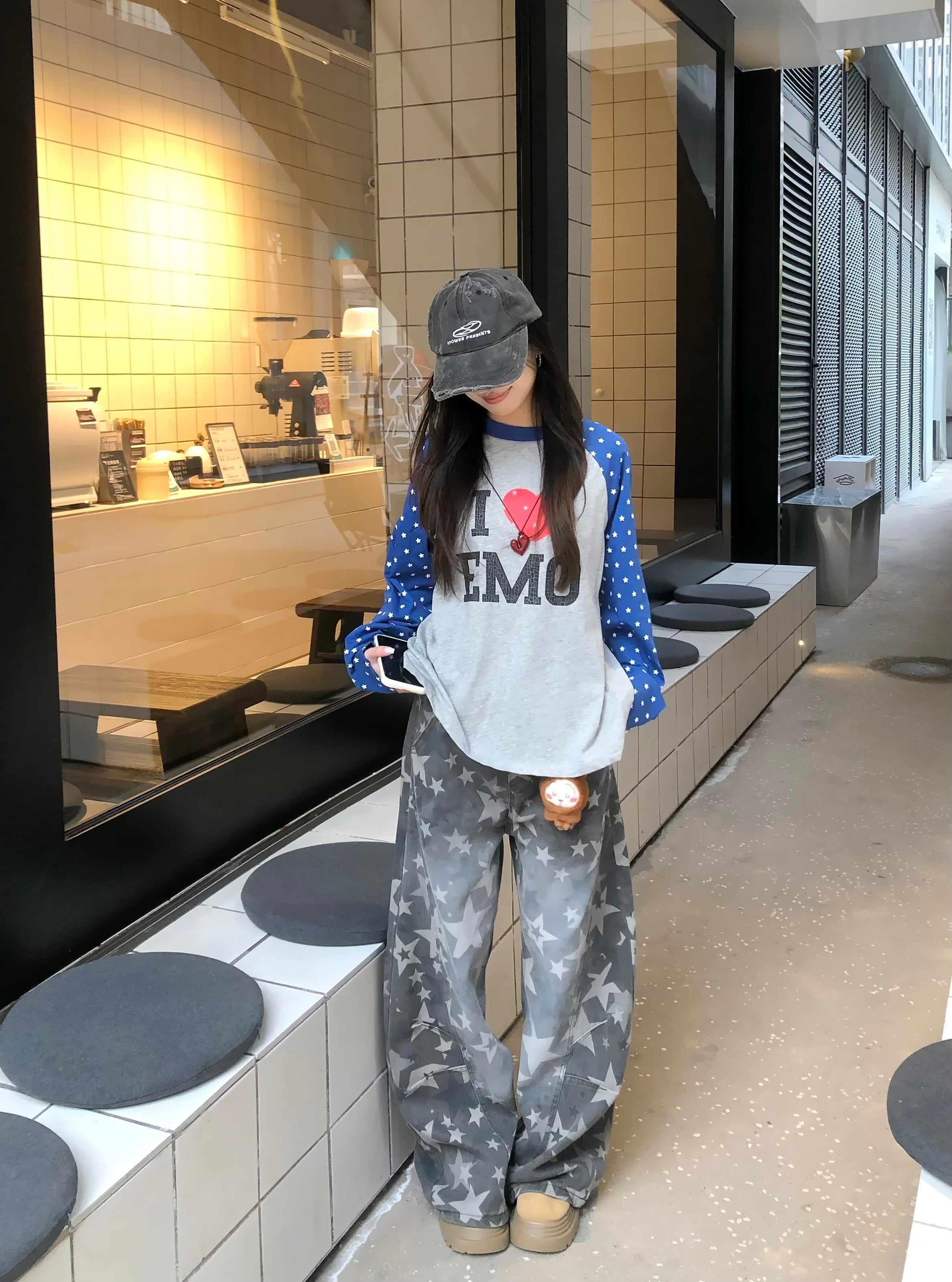 I Love EMO Raglan Long Sleeve Tee | Star-Pattern Contrast Sleeves