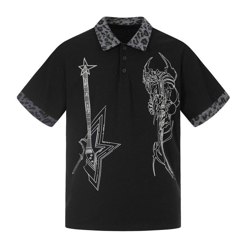Black streetwear polo tee with leopard-print collar and cuffs, featuring white rock guitar graphic prints on the front