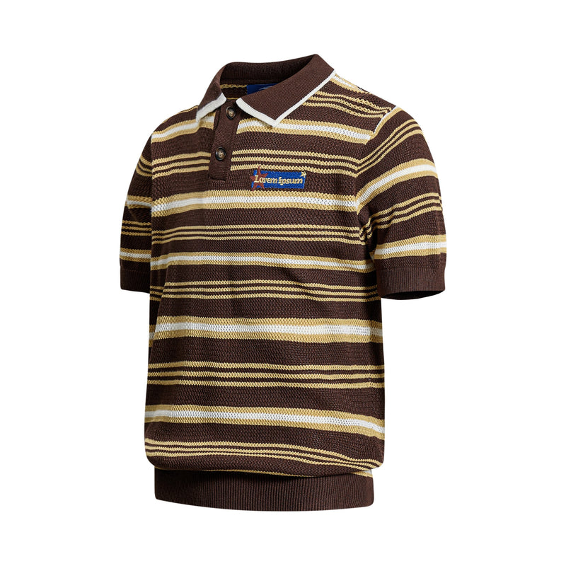 Brown striped knit polo shirt with short sleeves, white-trim collar, and vintage collegiate style patch detail