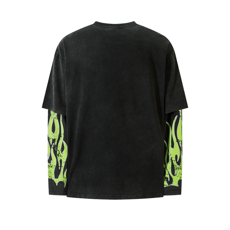 Back view of black long sleeve tee with plain back and neon green flame print on the sleeves
