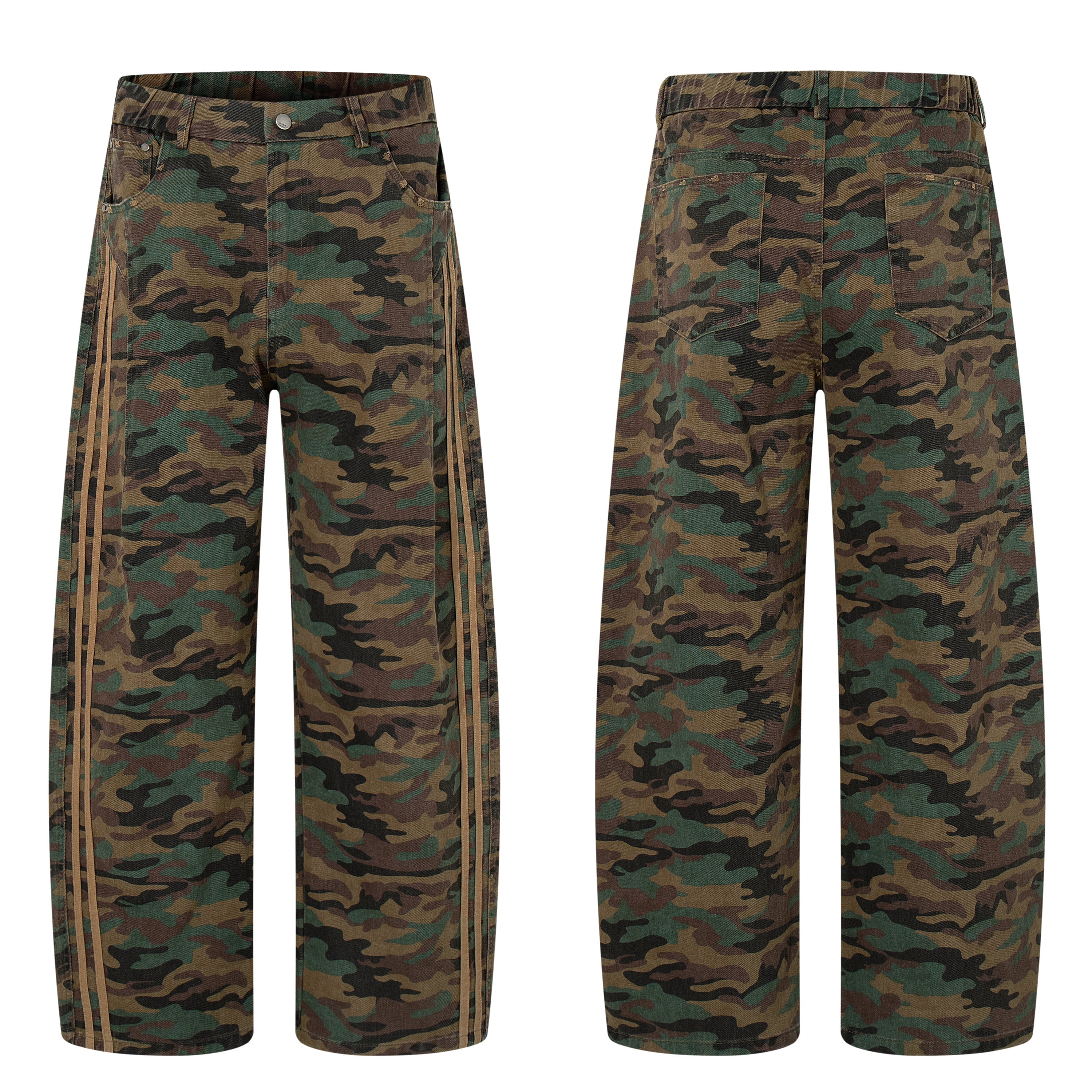 Front and back view of wide-leg woodland camouflage pants with tan triple side stripe detailing