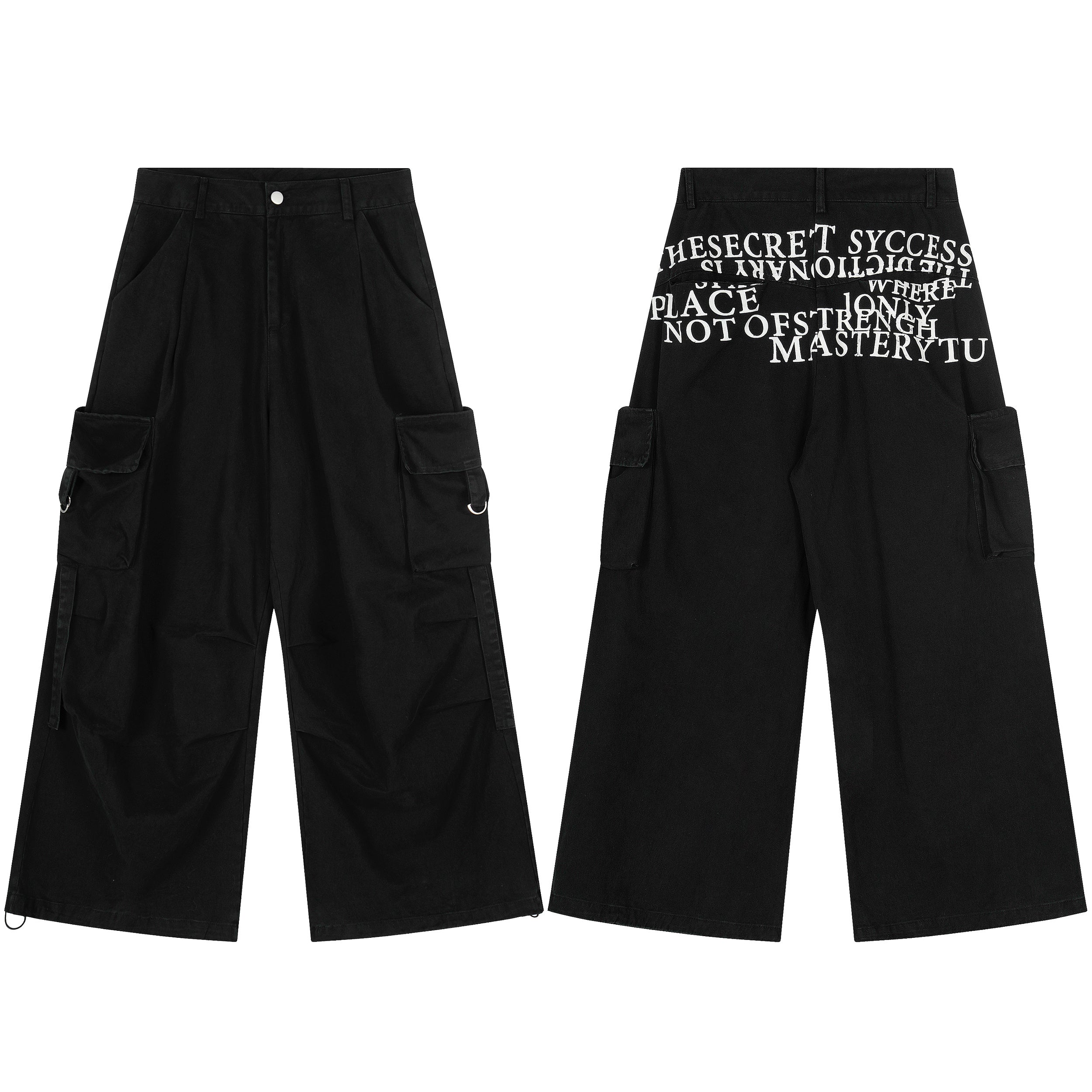 Front and back view of black wide-leg cargo pants with white typography print on the back waistband and D-ring pocket details