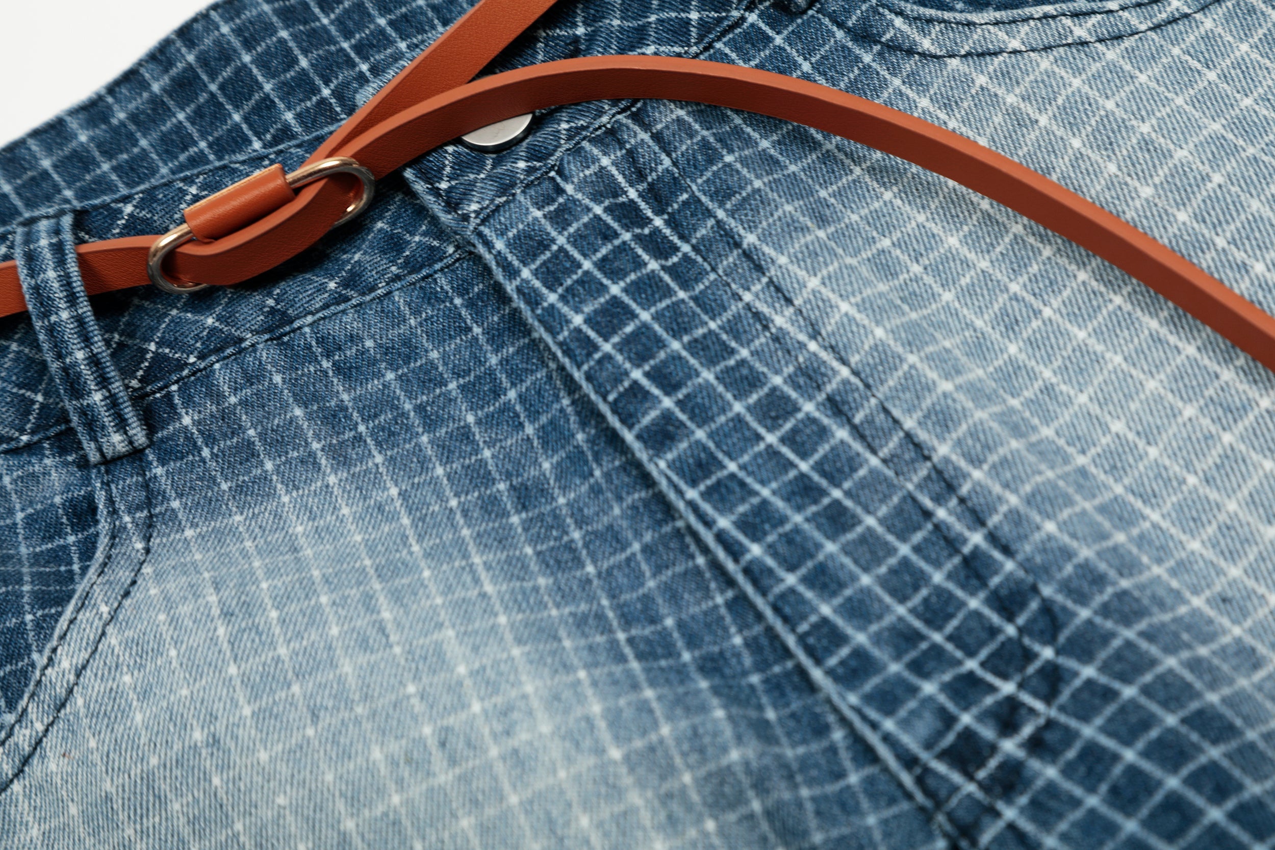 Washed Grid Denim Shorts with Belt | Wide-Leg Streetwear
