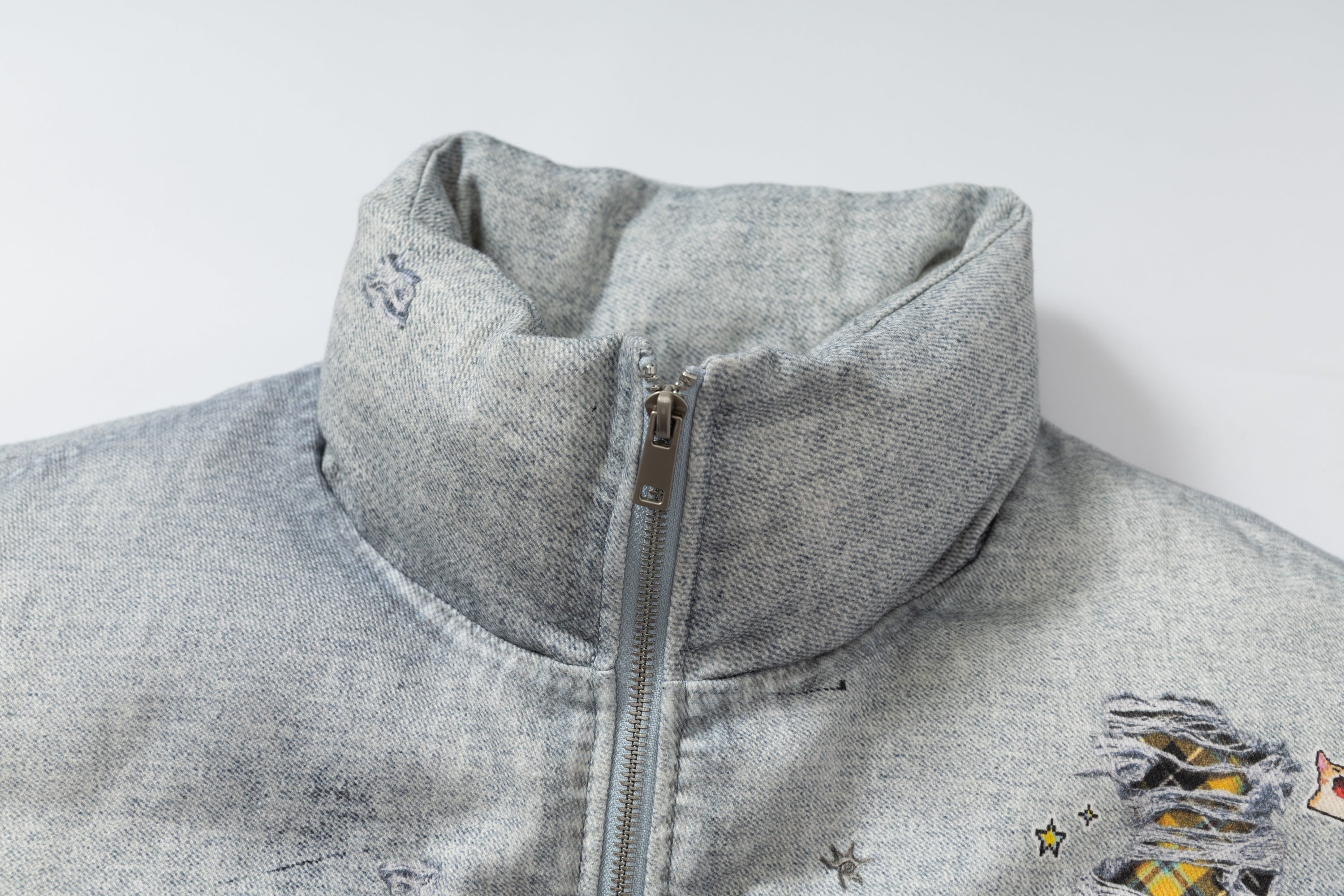 Omirad Patchwork Distressed Denim Puffer Jacket