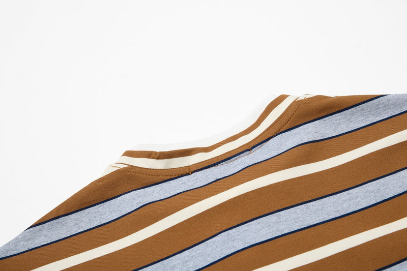 Brown and light blue striped varsity tee with cream accents and a classic ribbed neckline