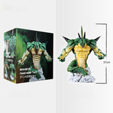 A green and yellow dragon-like figure with black spikes stands on a rocky base, exuding the aura of a Dragon Ball Z collectible. The image includes a box labeled "Seakoff" showcasing this Shenron Broly collectible figure, 37 cm tall premium action figure.