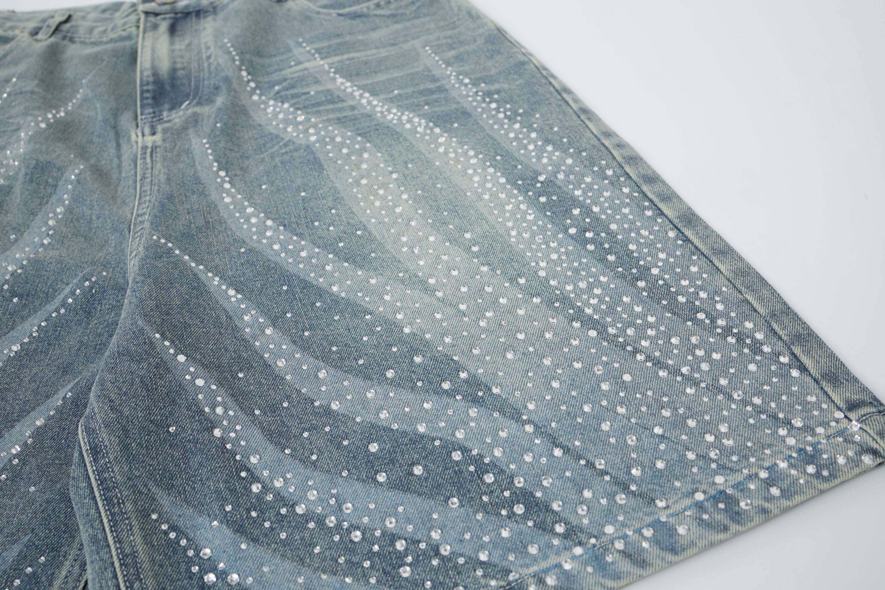 Omirad Rhinestone Denim Shorts | Gradient Wash Loose Fit