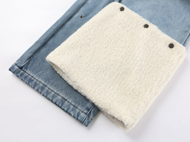 Folded fleece-lined cuff on light blue denim pants