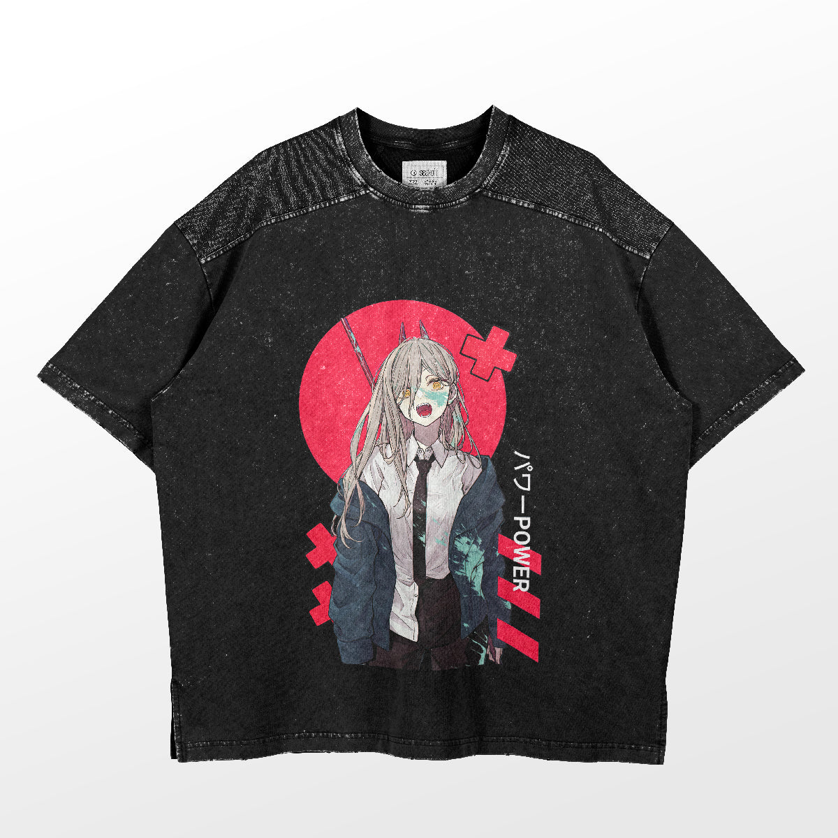 The Chainsaw Man Power Red Sun T-Shirt by Chainsaw Man features an anime-style character with long hair and horns, holding a sword against a red sun. The 100% cotton shirt includes Japanese characters and &quot;POWER&quot; printed vertically beside the figure, embodying bold anime fashion.