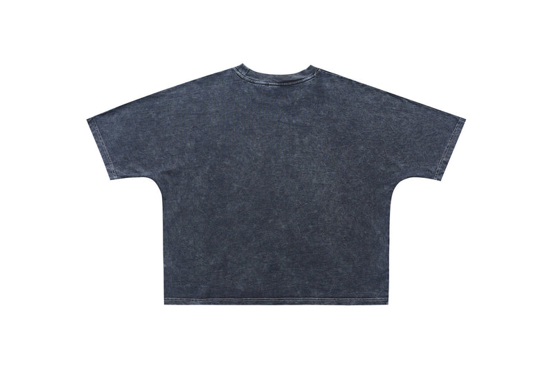 Vintage washed oversized charcoal tee with a faded graphic-print back and dropped shoulders on a white background