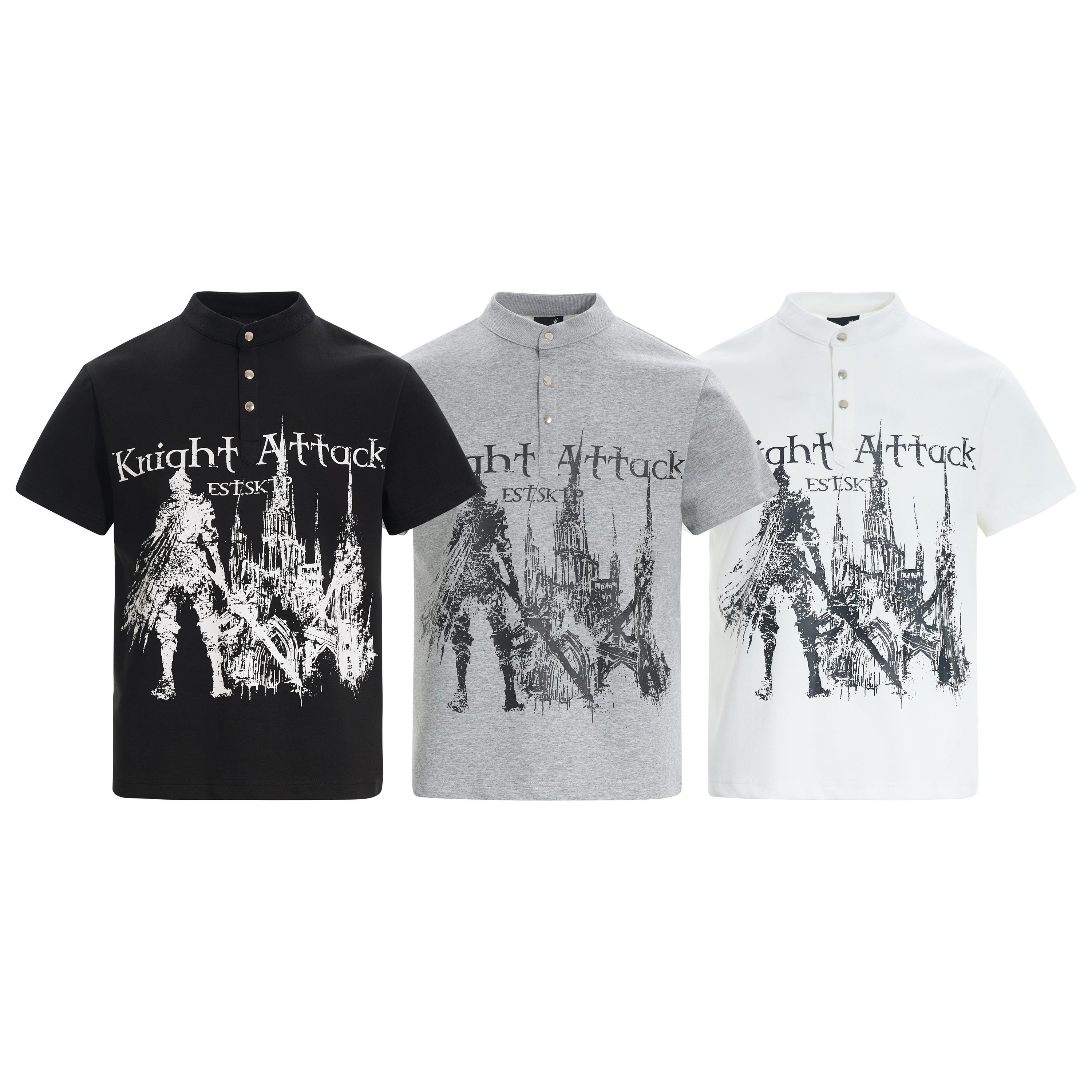 Omirad Knight Attack Graphic Polo Tee in black with gothic knight and cathedral print, shown in three colorways