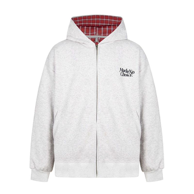 Front view of a light gray zip-up hoodie with red plaid hood lining and MadeNoChoice logo