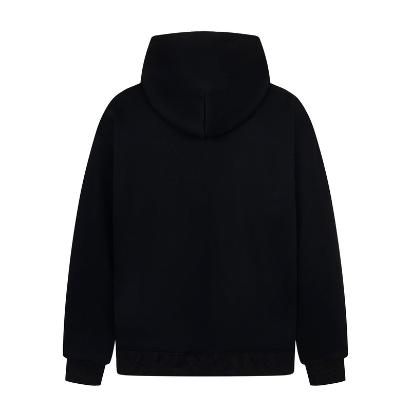 Black hoodie back view, plain with hood and ribbed hem