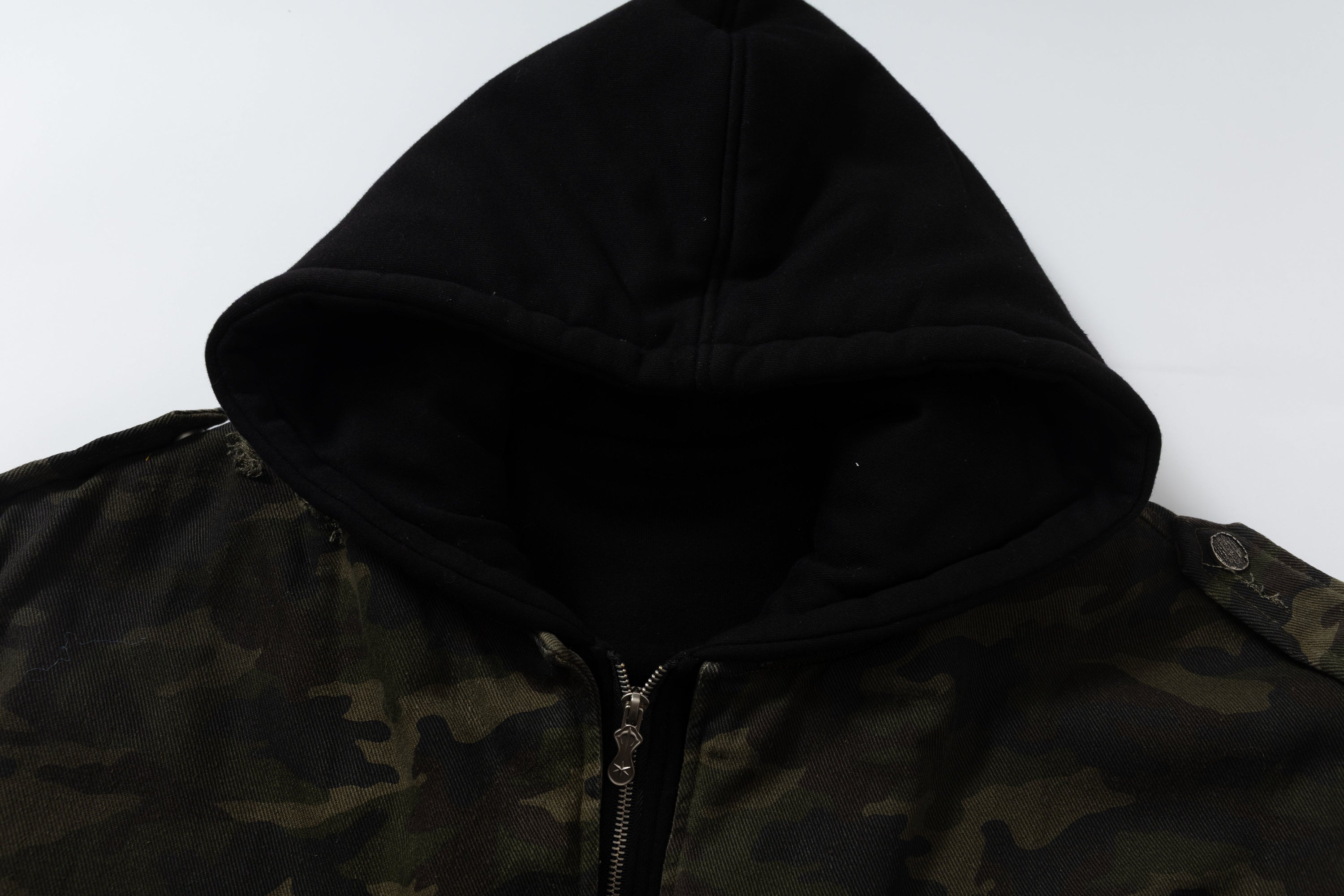 Omirad Camo Hook Detail Distressed Bomber Jacket with Hood