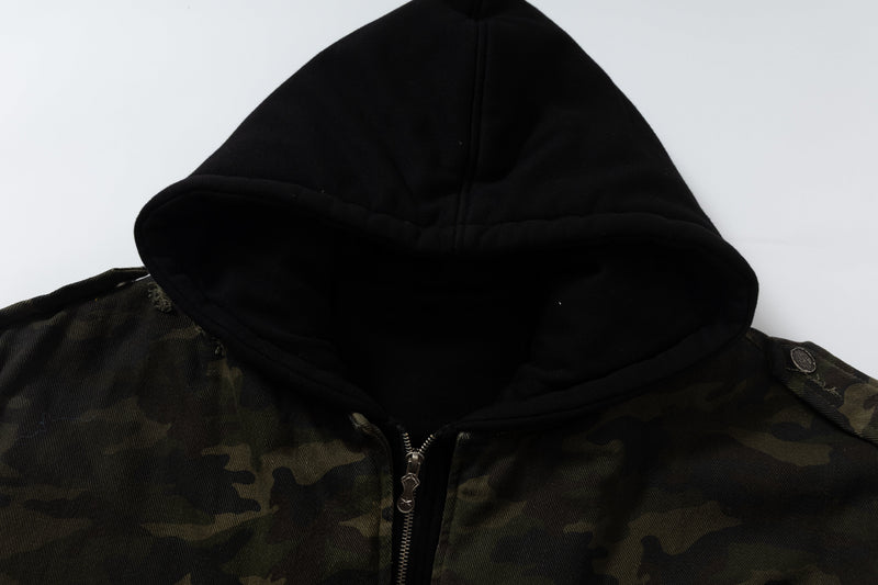Omirad Camo Hook Detail Distressed Bomber Jacket with Hood