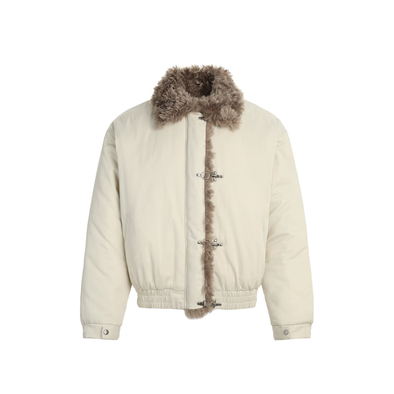 Faux-Fur Trim Padded Bomber Jacket | Metal Hook Closure