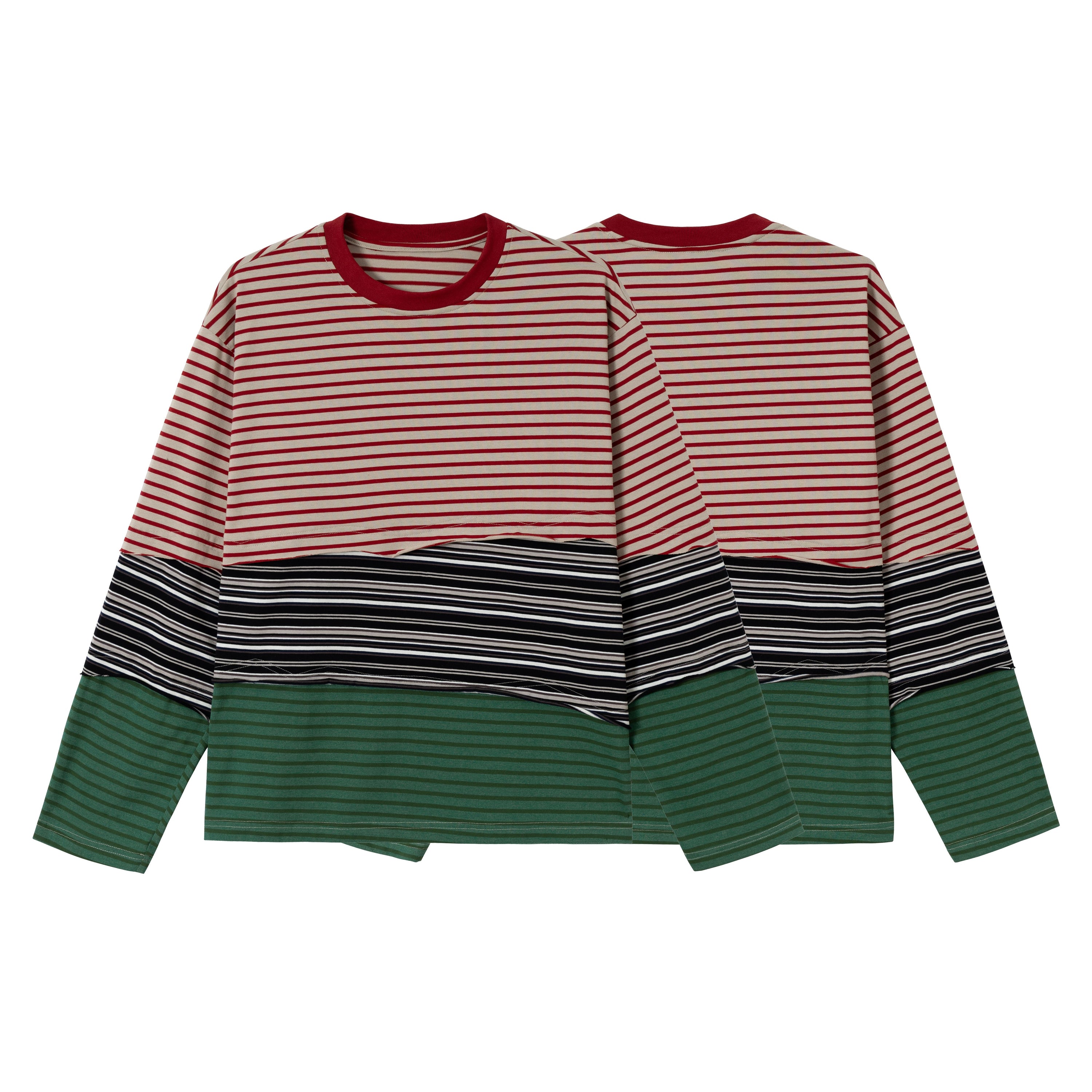 Two color-block striped long sleeve tees laid flat, showing red, black, and green horizontal stripe panels with a red crew ne