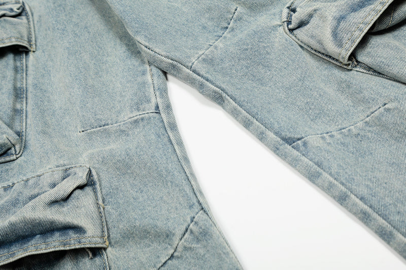 Light wash cargo denim fabric with seam and pocket panel detail