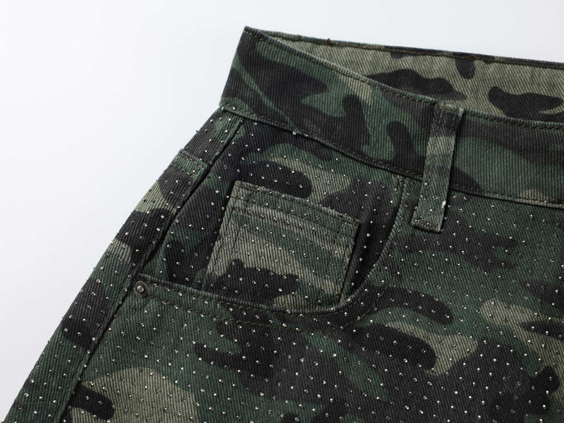 Side front view of camouflage jeans with pocket, belt loop, and rhinestone dots