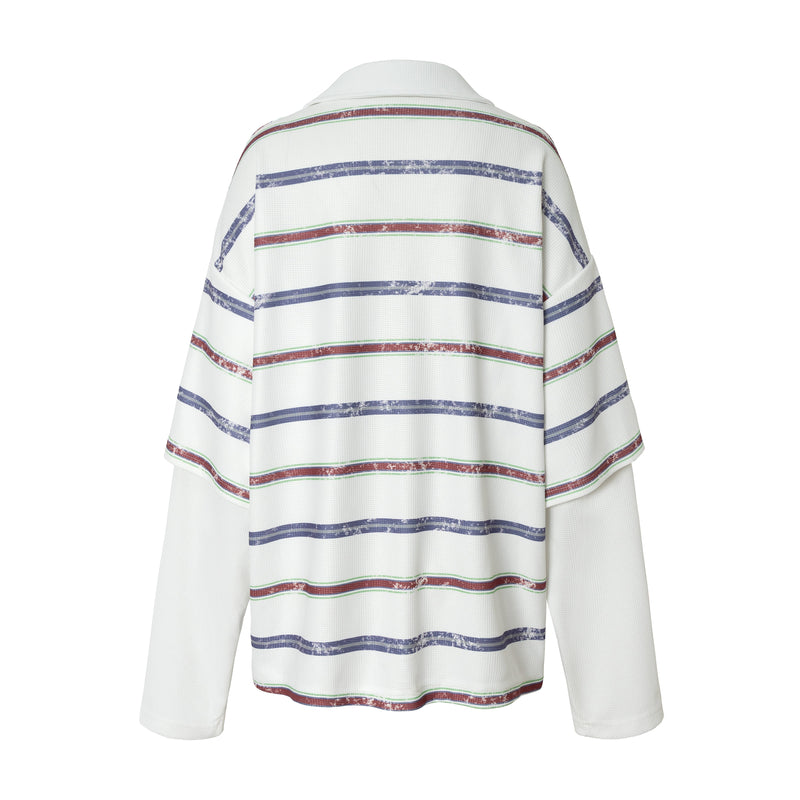 White long-sleeve polo shirt with multicolor horizontal stripes, back view