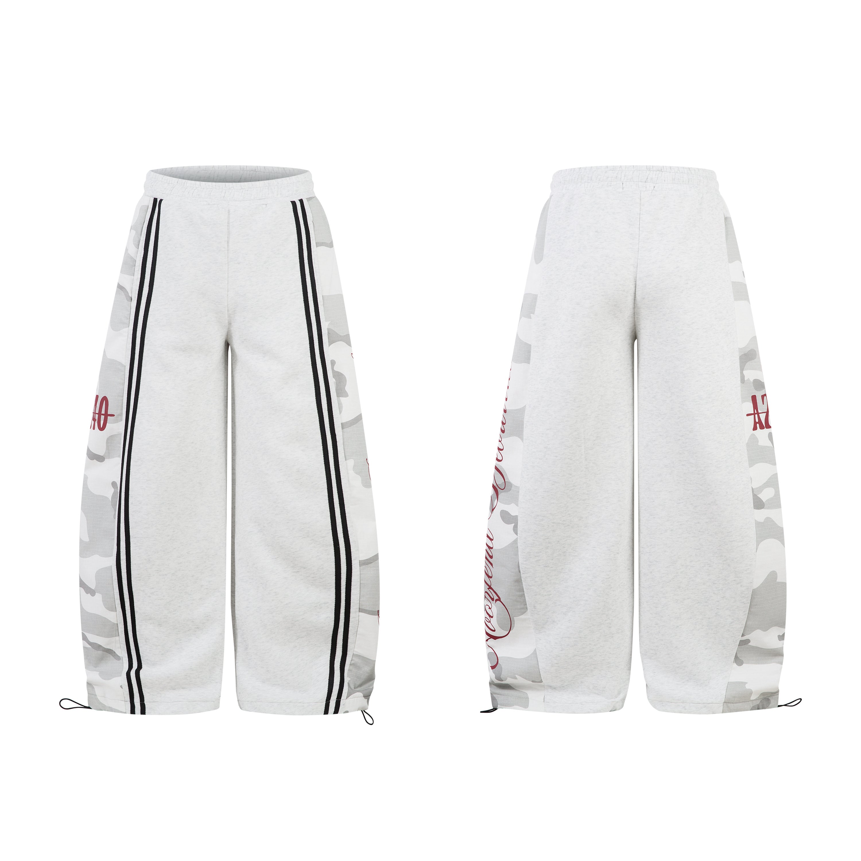 Front and back view of light grey wide-leg sweatpants with white camo side panels, black stripes and red script lettering