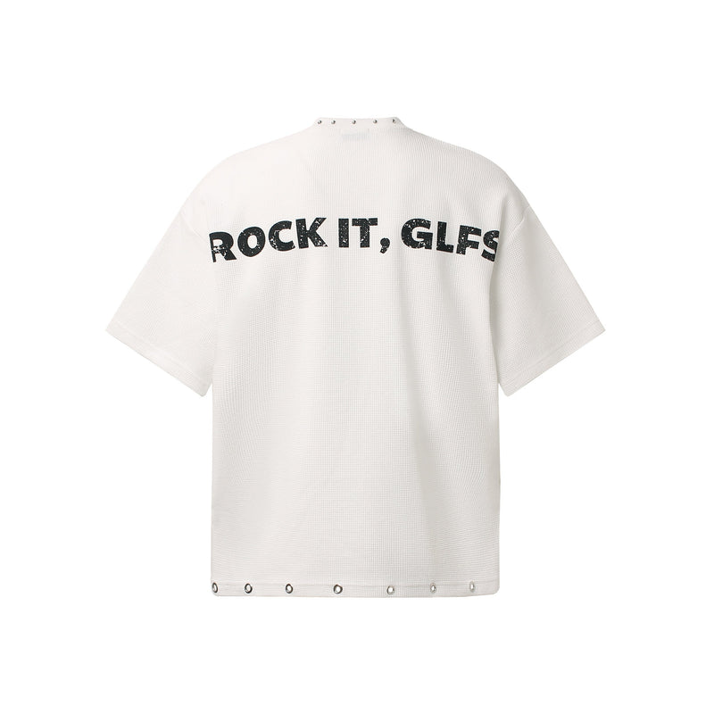 White graphic tee with distressed ROCK IT, GLFS print and metal grommet details on hem and neckline
