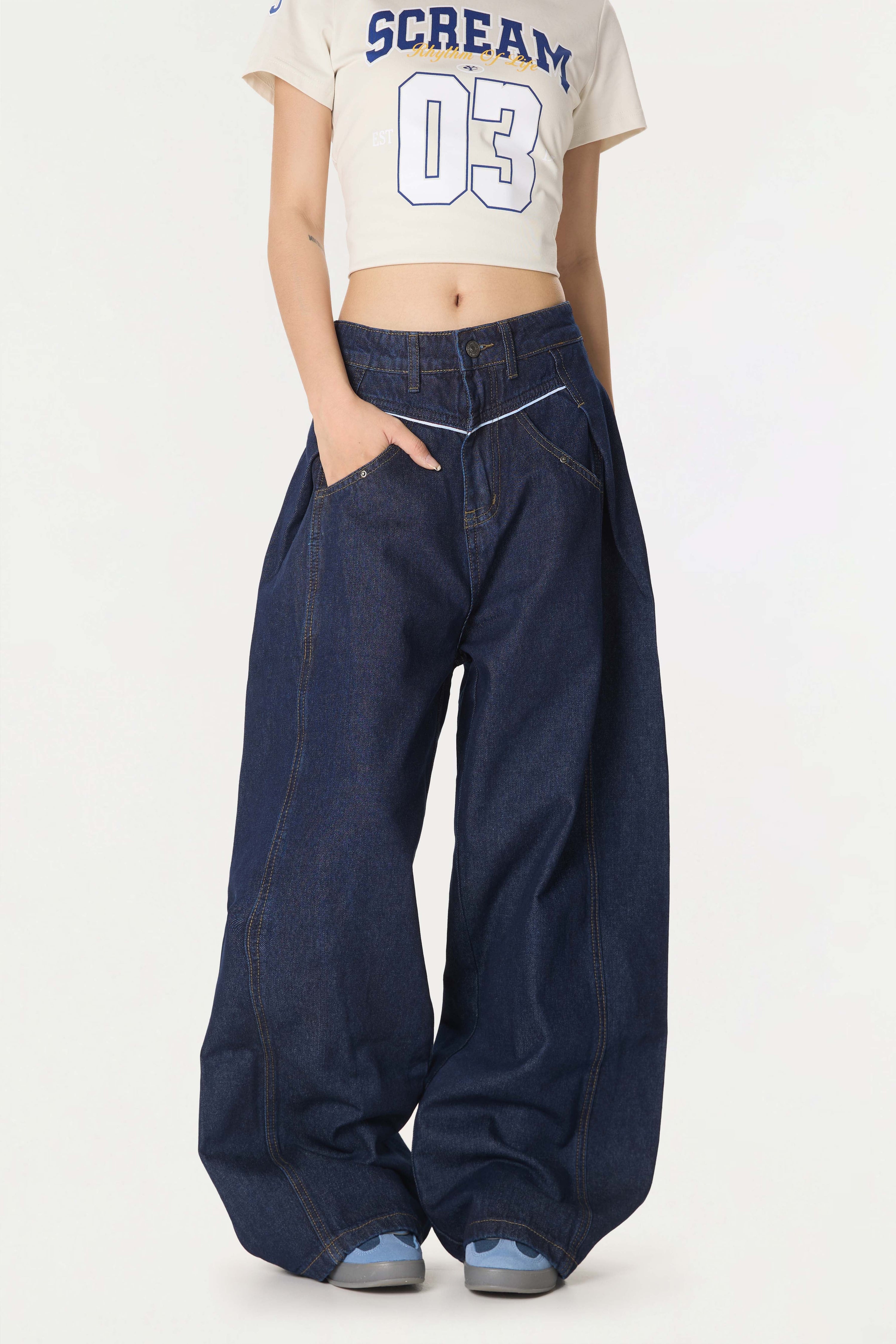 Omirad Contrast Piping Wide-Leg Jeans | Retro Street Denim