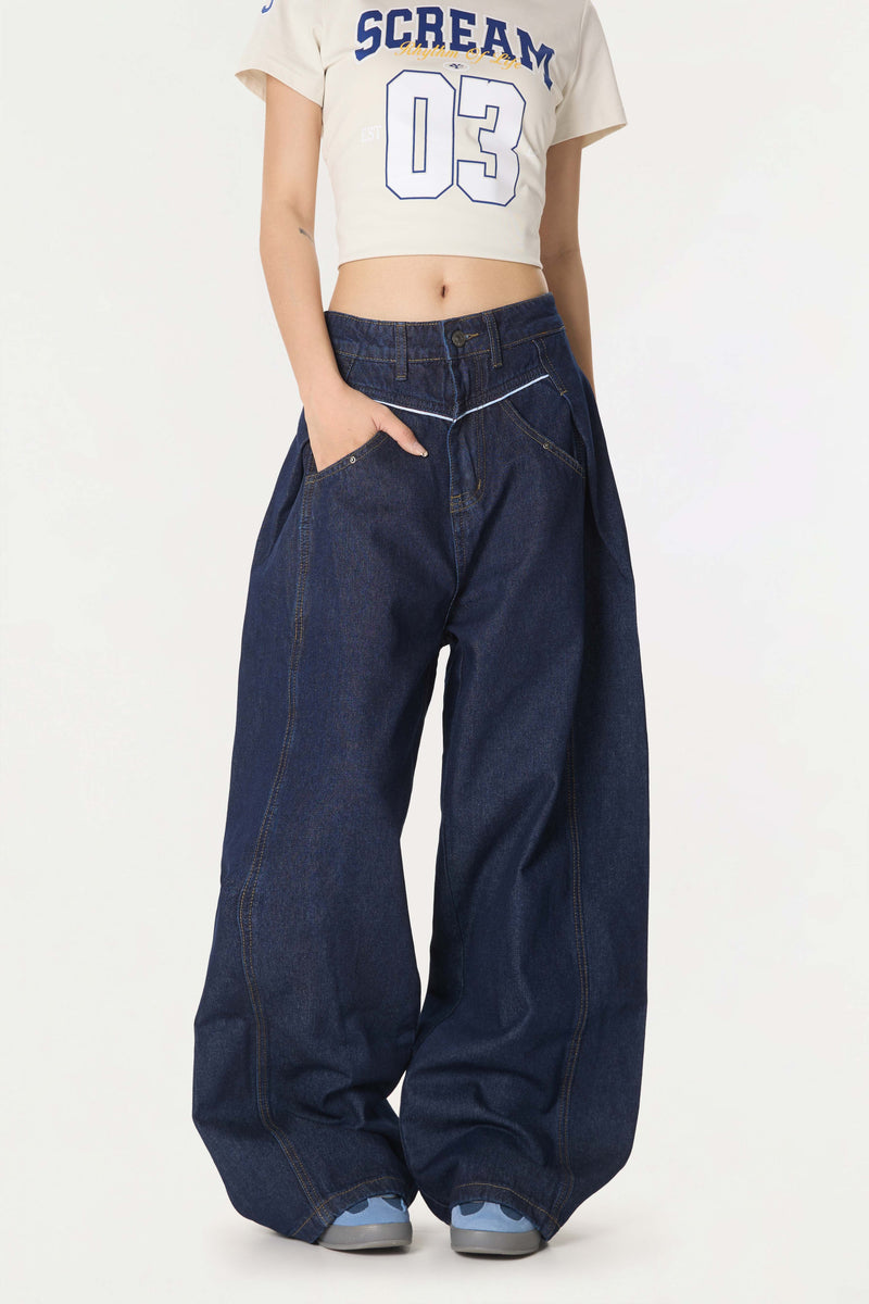 Omirad Contrast Piping Wide-Leg Jeans | Retro Street Denim