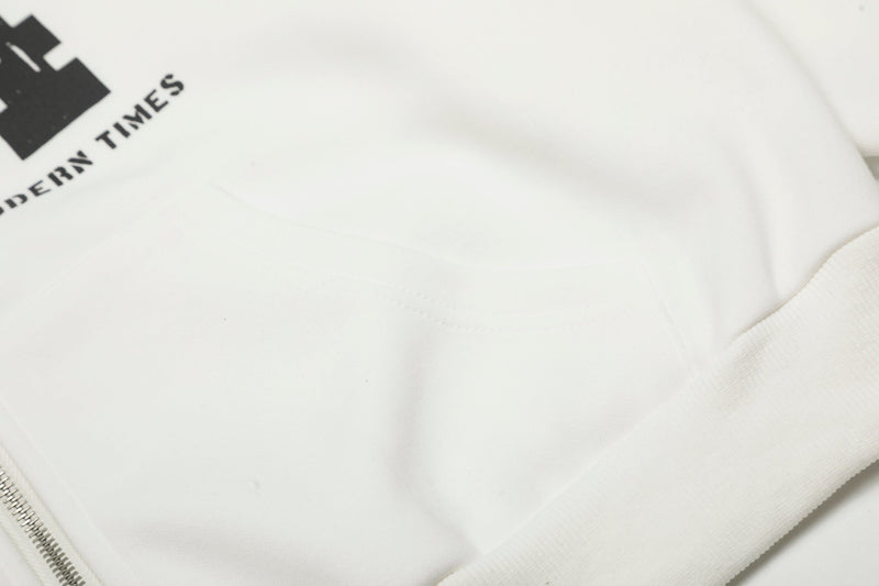 Close-up of white hoodie pocket area with printed graphic edge