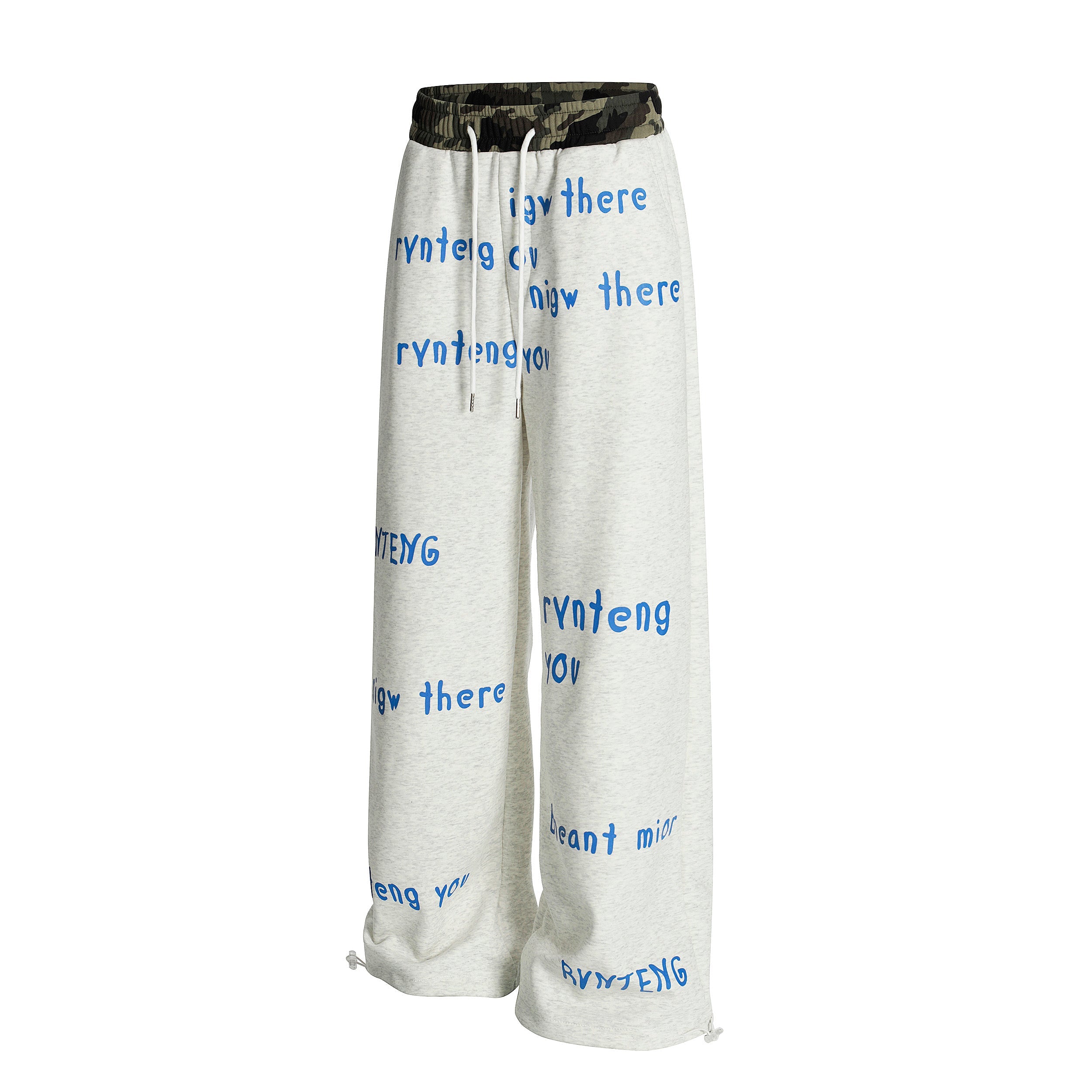 Camo Waist All-Over Text Graphic Wide-Leg Sweatpants