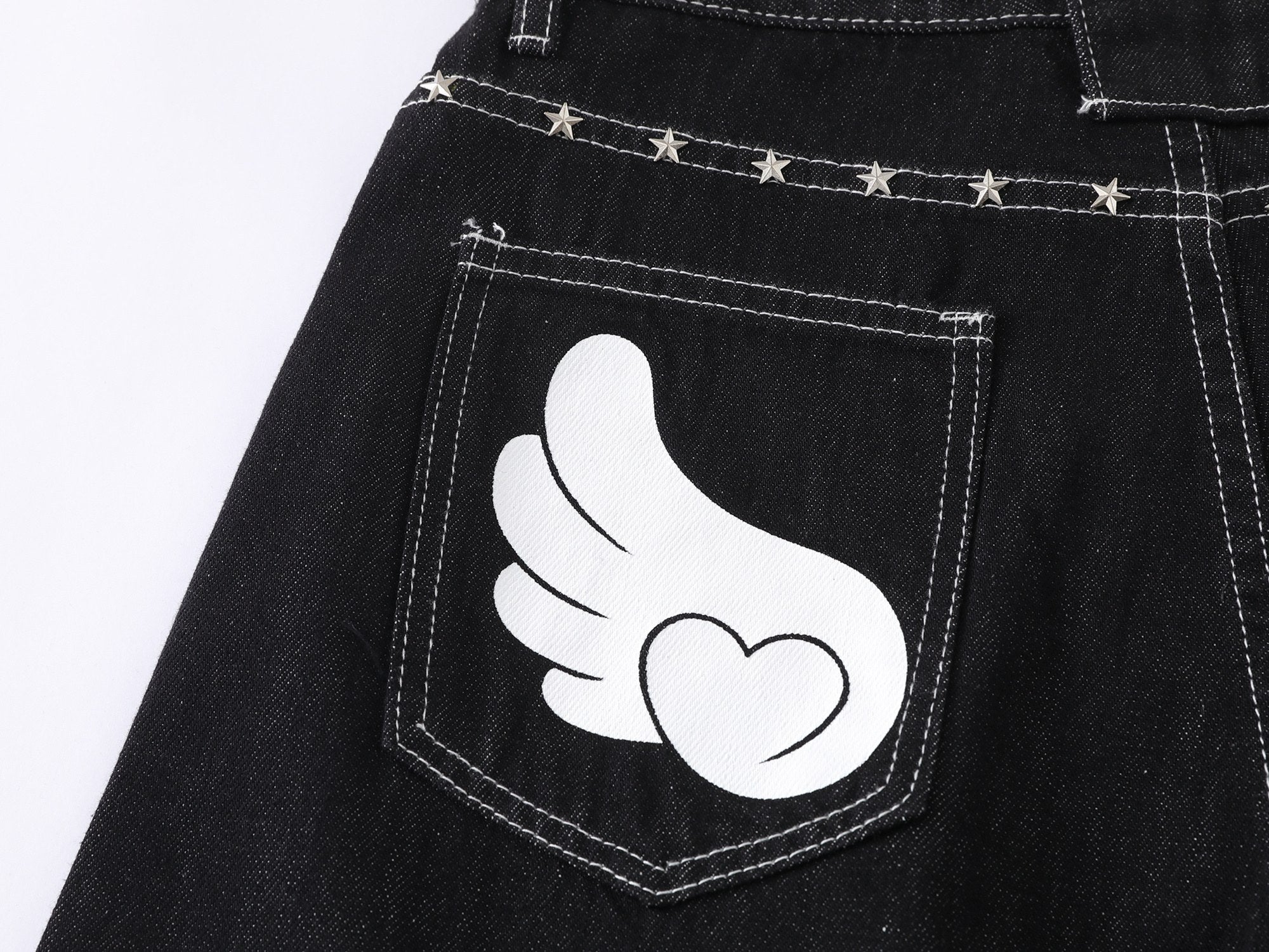 Angel Wing Wide-Leg Black Denim Jeans | Streetwear Barrel Fit