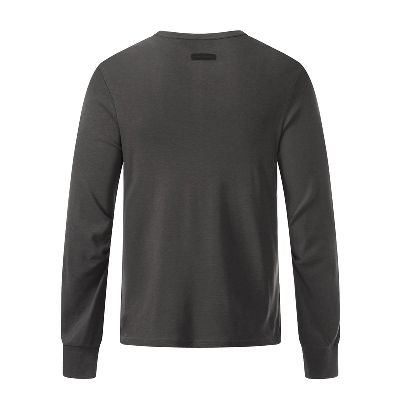 Dark charcoal long sleeve Henley tee, plain back view with small neck patch