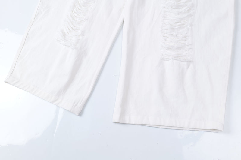 Omirad Distressed Wide-Leg Pants | White Cotton Barrel Fit