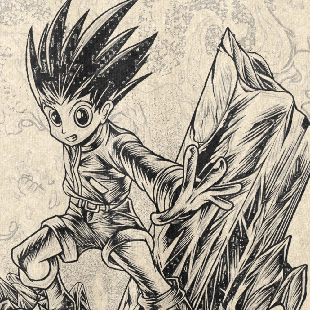 A Hunter × Hunter Gon Freecss Washed Vintage T-Shirt features black and white anime art of a spiky-haired, large-eyed character with a confident look. Dressed in a light outfit and belt, the figure stands before angular crystal-like structures, styled with 260 GSM high-quality cotton streetwear.