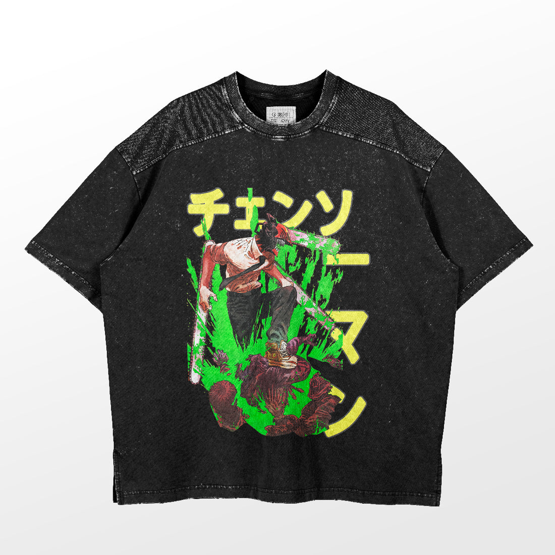 The Chainsaw Man Green Slash T-Shirt is a black, 100% cotton anime shirt featuring a dynamic graphic with Japanese text, showcasing a person in red attire amidst green and red abstract elements. It’s designed with unique textured shoulders, inspired by Chainsaw Man.