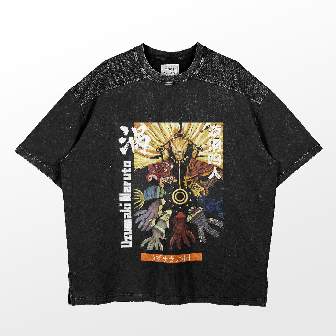 The Naruto Uzumaki Bijuu T-Shirt by Naruto is a high-quality black shirt featuring a vibrant anime-style graphic and Japanese-English text. Perfect for fans, it has short sleeves and a washed fabric texture.