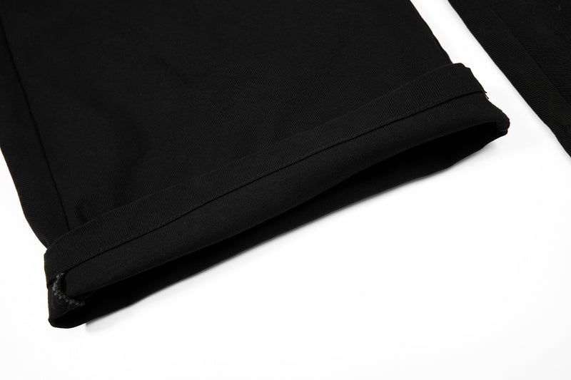 Black wide-leg pants hem with stitched cuff detail