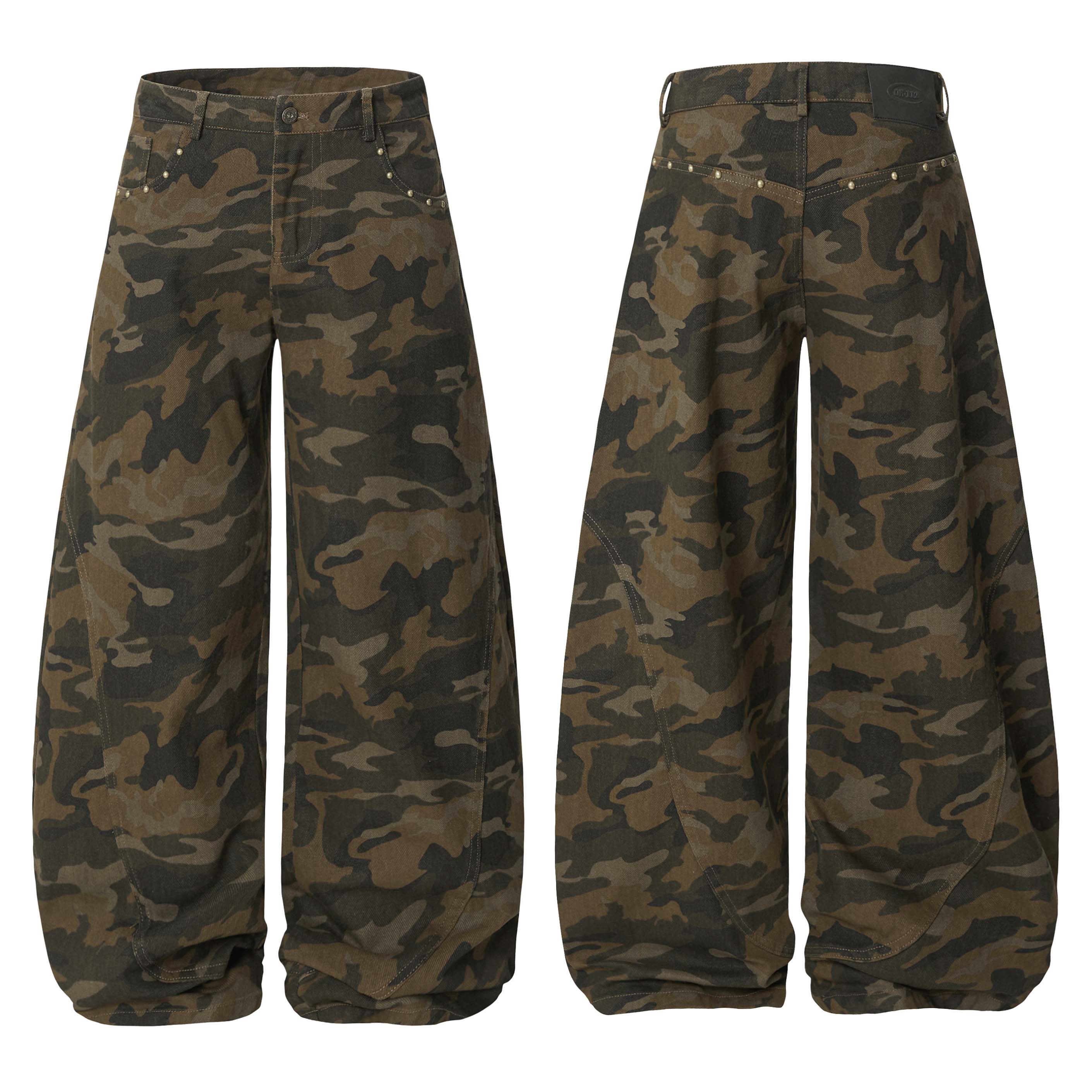 Front and back view of wide barrel-leg camouflage jeans with metal rivets and stacked hem in olive and brown camo print