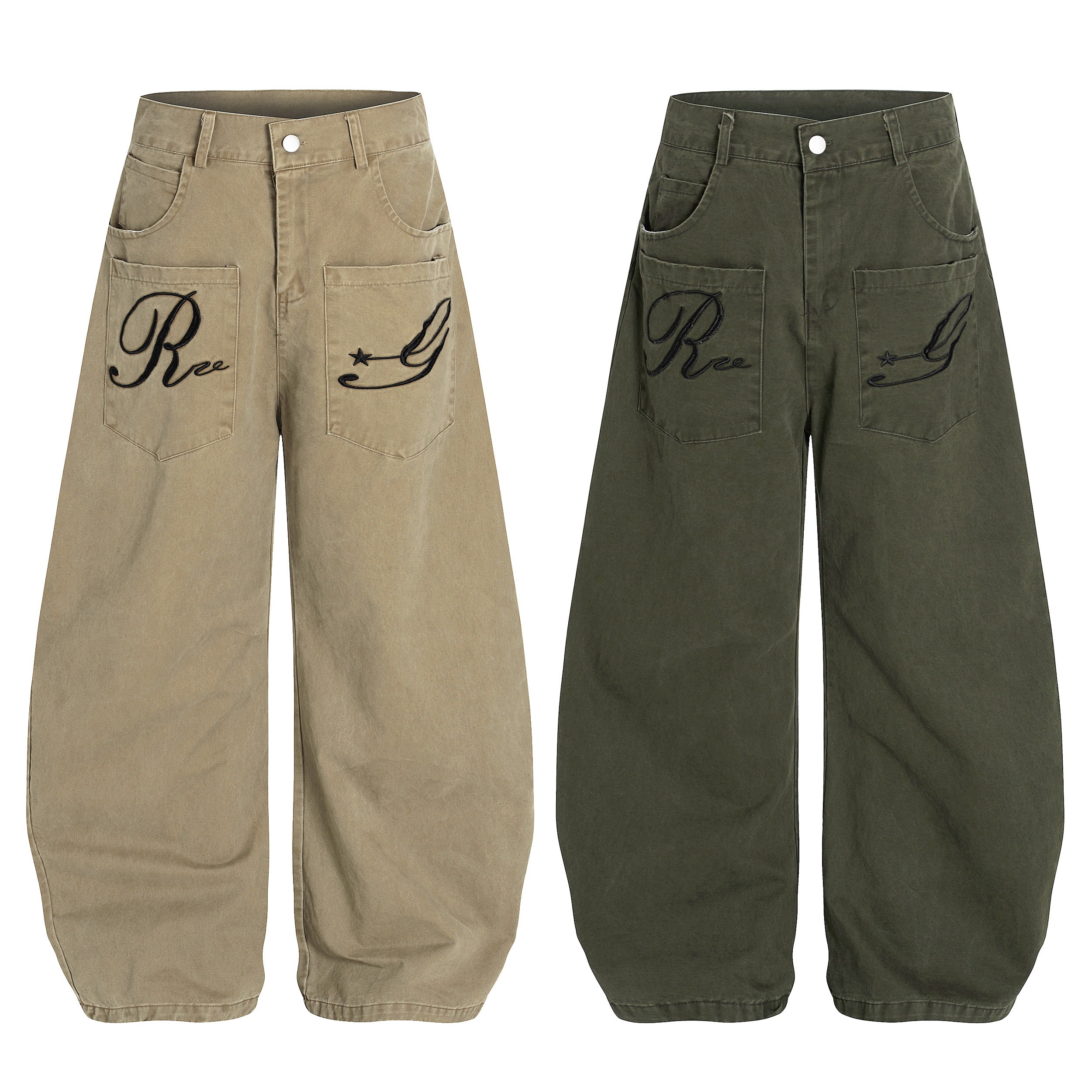 Omirad Re☆G embroidered balloon jeans in khaki and olive green, wide-leg streetwear style, front view