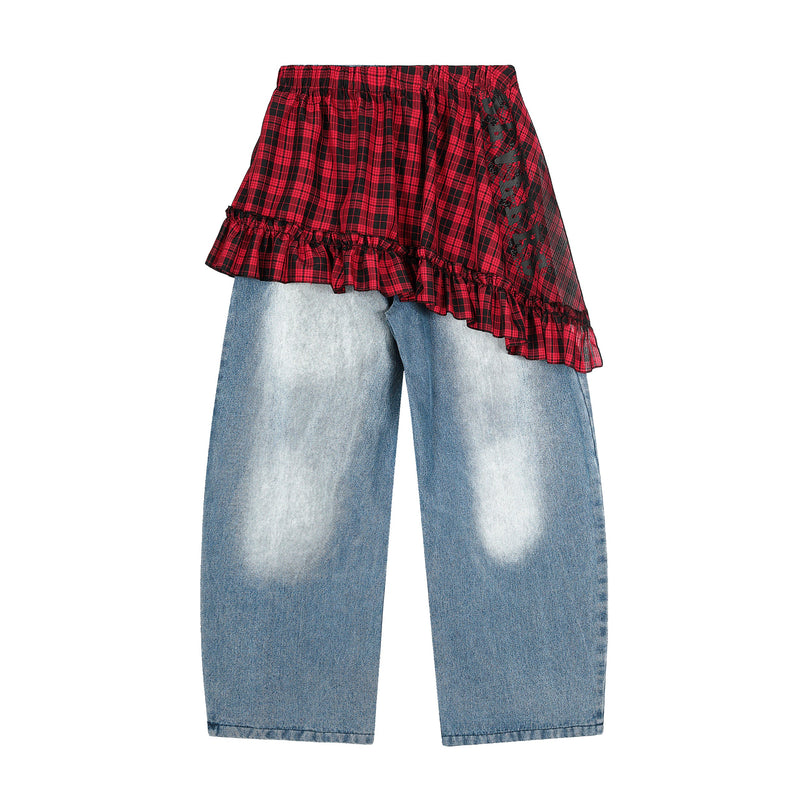 Plaid Ruffle Overlay Wide-Leg Denim Pants | Streetwear